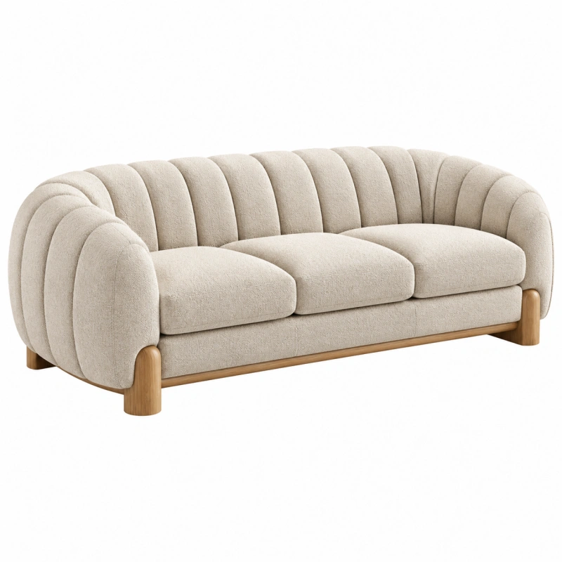 Divano 3 posti 220 cm in tessuto bouclé beige con struttura in legno stile curvo