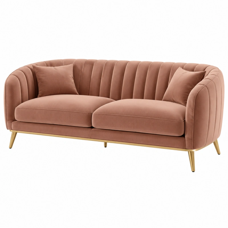 Divano 3 posti 220 cm in velluto rosa cipria con gambe in metallo stile moderno