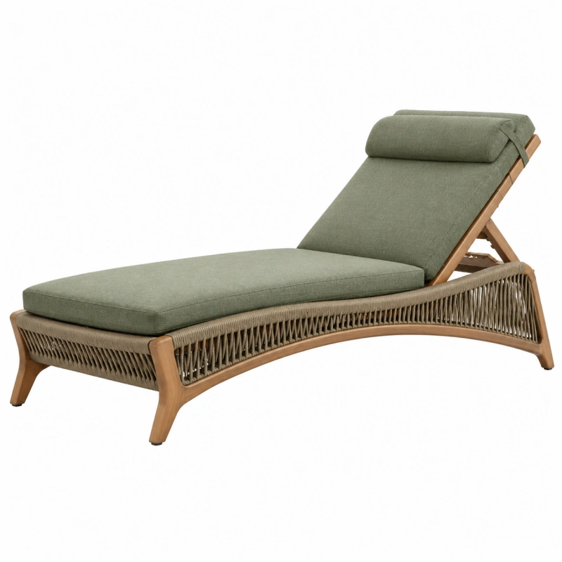 Lettino prendisole 200 x 75 cm in legno e corda intrecciata verde con schienale regolabile
