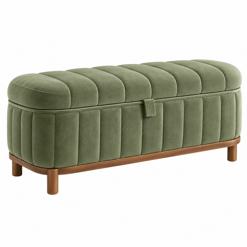 Panca contenitore 120 x 45 x 50 cm in velluto verde con base in legno stile moderno