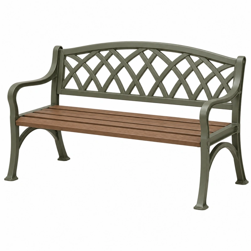 Panca da giardino 123 x 61 x 86 cm in metallo e legno marrone verde con schienale decorativo