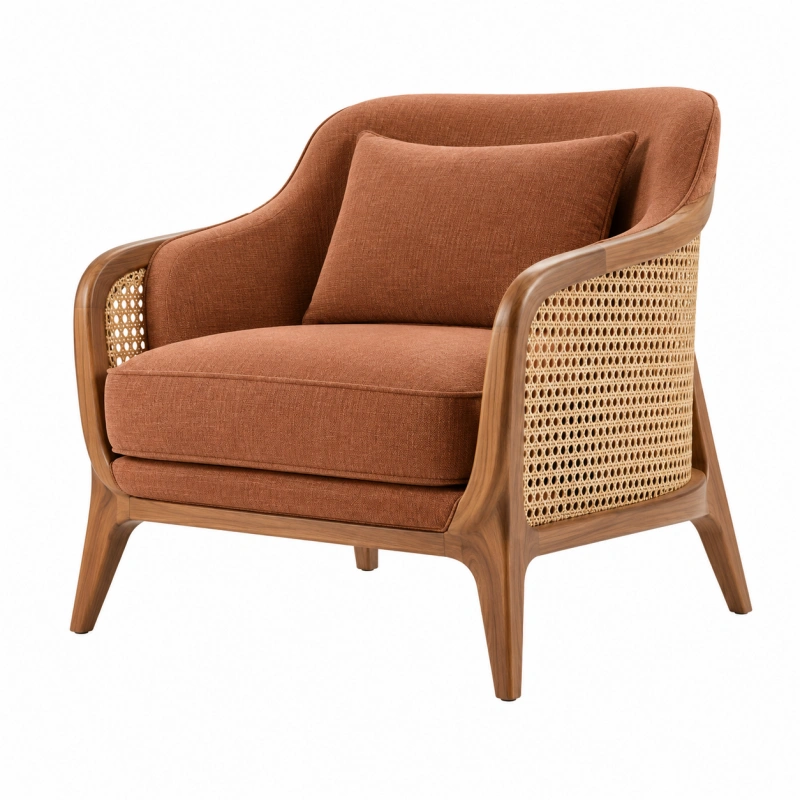 Poltrona 78 x 82 x 84 cm in tessuto terracotta con struttura in legno e rattan - stile naturale