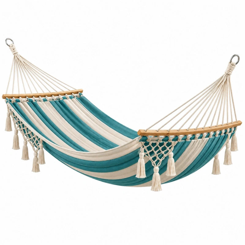 Amaca 200 x 100 cm in cotone turchese e beige con barre in legno stile boho