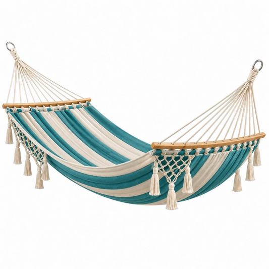Amaca 200 x 100 cm in cotone turchese e beige con barre in legno stile boho