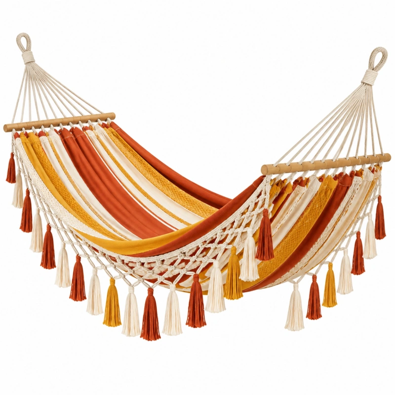 Amaca 300 x 100 cm in tessuto intrecciato crema arancione e ocra con frange decorative