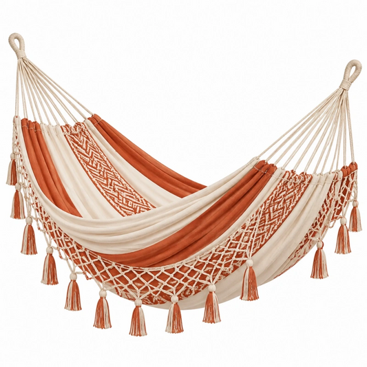 Amaca 300 x 150 cm in cotone terracotta e beige - stile boho con frange