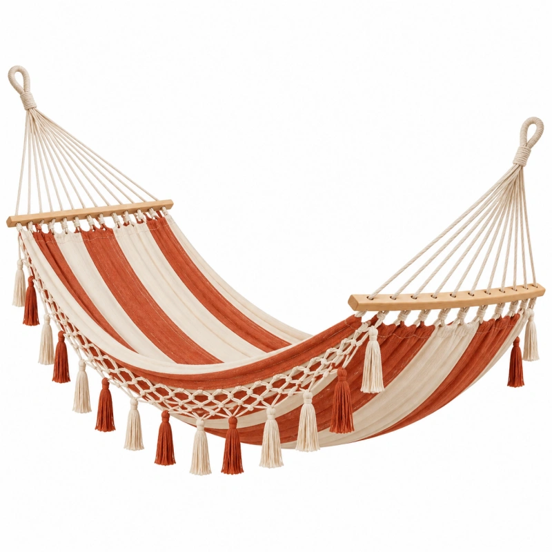 Amaca 200 x 100 cm in cotone terracotta e crema con barre in legno stile boho