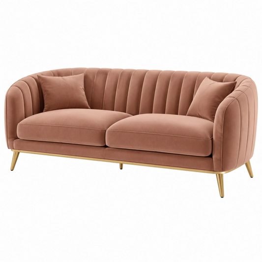 Divano 3 posti 220 cm in velluto rosa cipria con gambe in metallo stile moderno