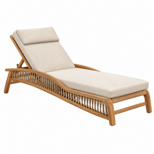 Lettino prendisole 200 x 70 cm in legno naturale e tessuto beige con schienale reclinabile