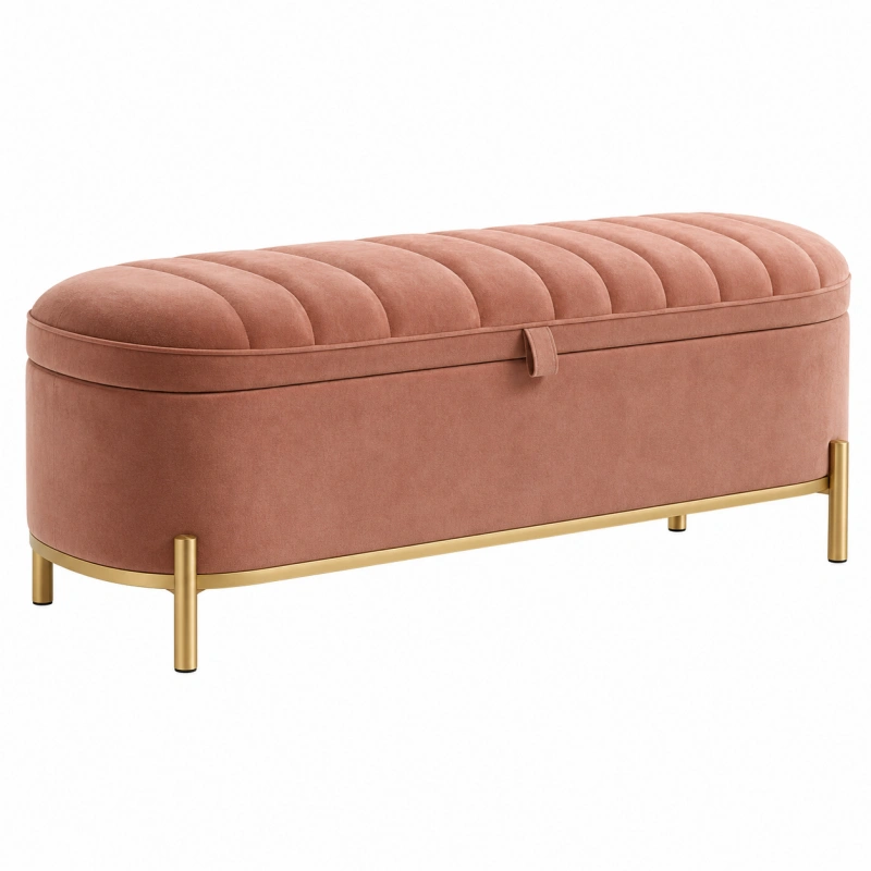 Cassapanca contenitore 120 x 45 x 45 cm in velluto rosa con metallo dorato - seduta imbottita