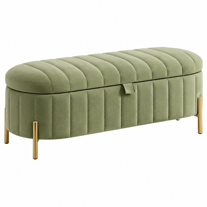 Panca contenitore 120 x 45 x 48 cm in velluto verde salvia con gambe dorate