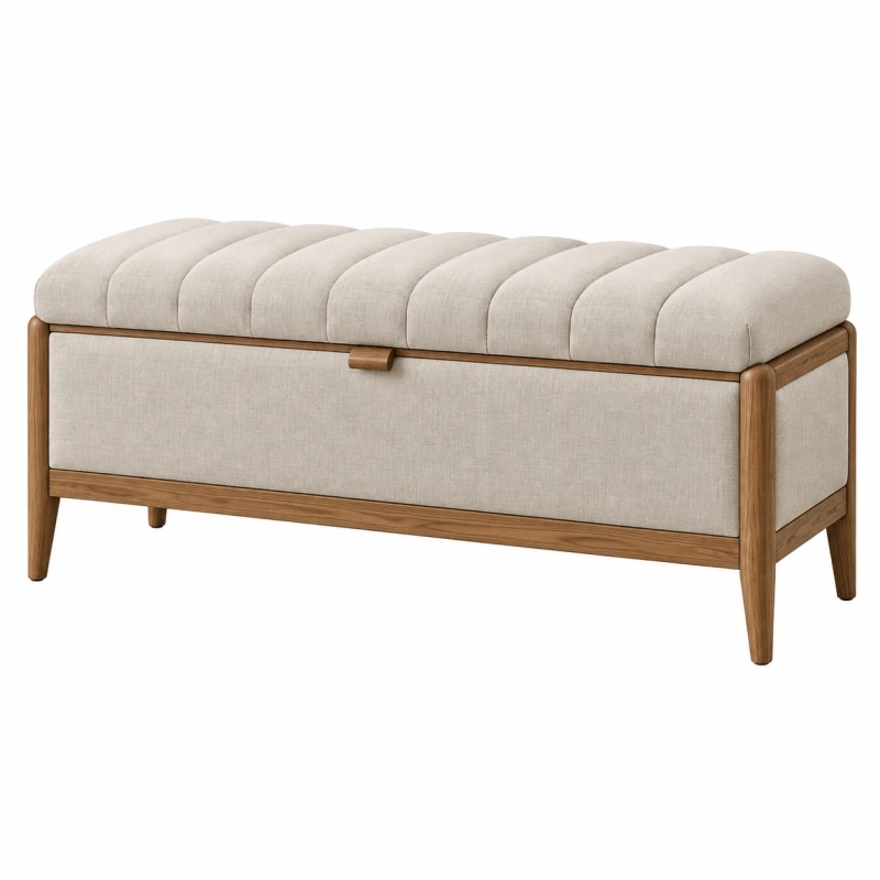Panca contenitore 120 x 45 x 48 cm in tessuto beige e legno naturale - seduta imbottita a righe