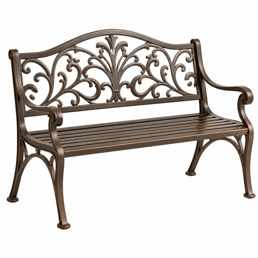 Panchina da giardino 127 x 62 x 93 cm in metallo bronzo con schienale decorativo