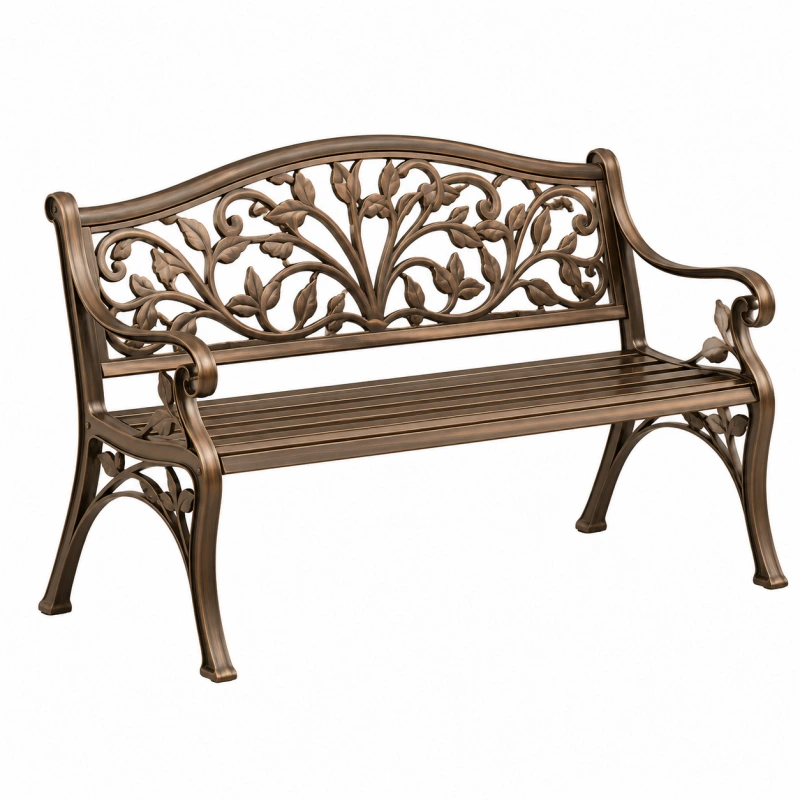 Panchina da giardino 122 x 60 x 92 cm in metallo bronzo con schienale floreale classico