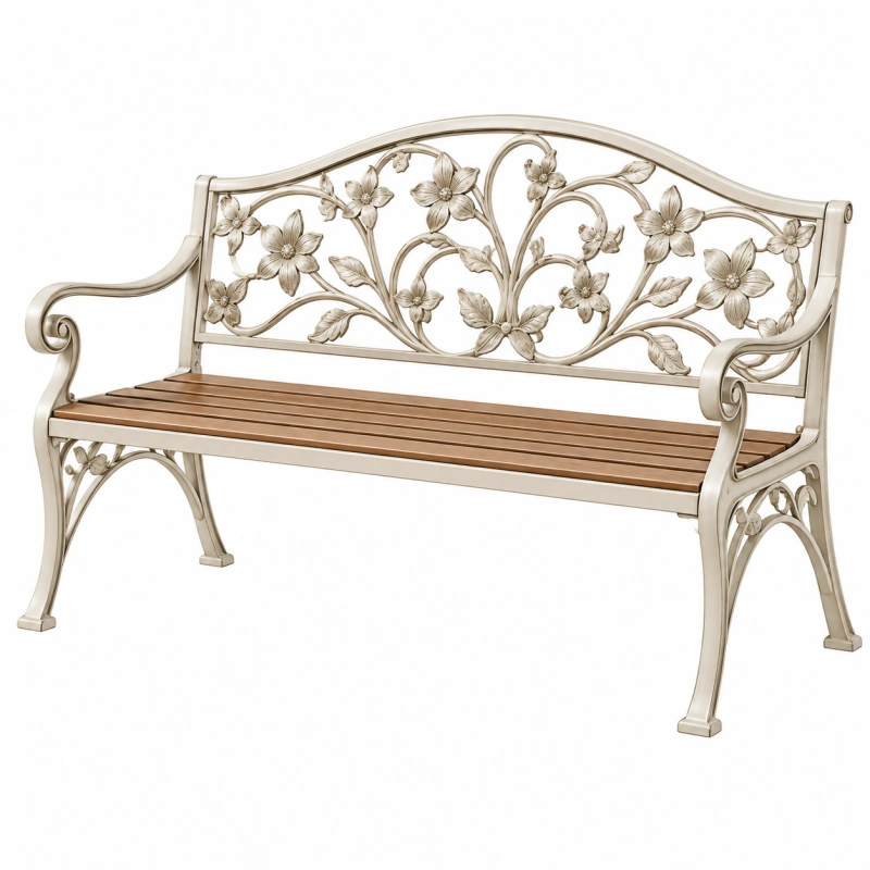 Panca da giardino 125 cm in metallo e legno crema e marrone - schienale floreale