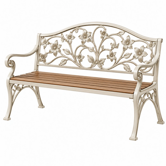 Panca da giardino 125 cm in metallo e legno crema e marrone - schienale floreale
