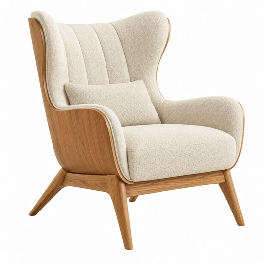 Poltrona 84 x 90 x 105 cm in tessuto bouclé avorio e legno - schienale alto stile nordico