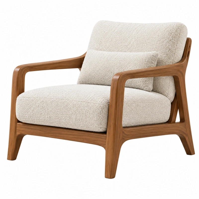 Poltrona 75 x 85 x 82 cm in legno marrone e tessuto bouclé avorio - stile contemporaneo
