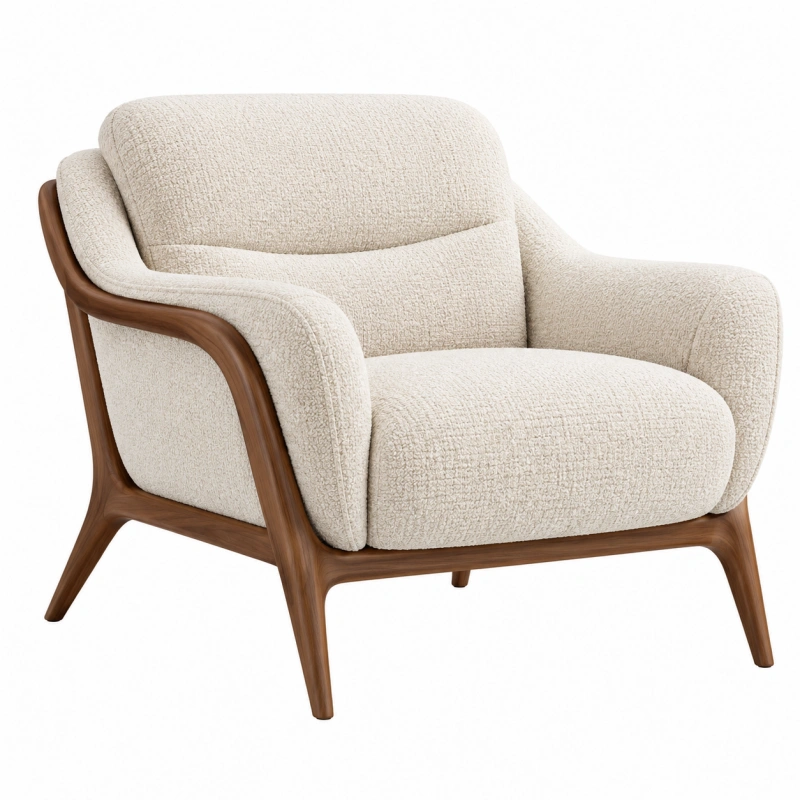 Poltrona 78 x 82 x 85 cm in tessuto bouclé crema e legno marrone per soggiorno stile moderno