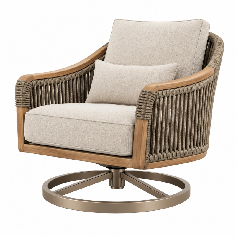 Poltrona girevole 82 x 84 x 88 cm in legno e corda beige per soggiorno stile naturale