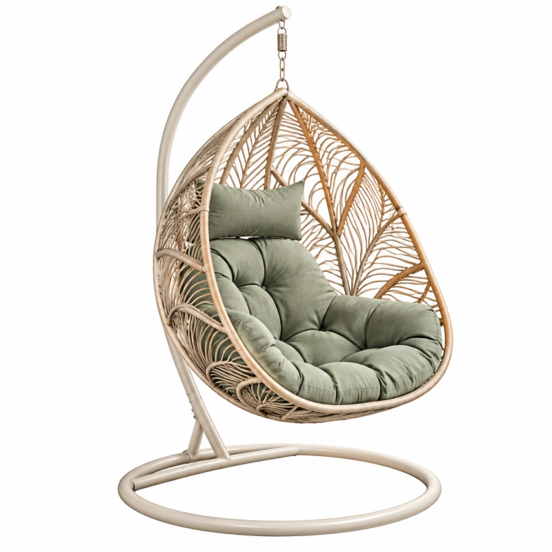 Poltrona sospesa con supporto 105 x 105 x 195 cm in metallo e fibra intrecciata beige con imbottitura verde stile bohémien