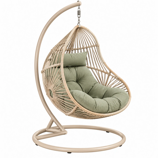 Poltrona sospesa 105 x 105 x 195 cm in rattan beige con struttura in metallo e imbottitura verde salvia - stile boho