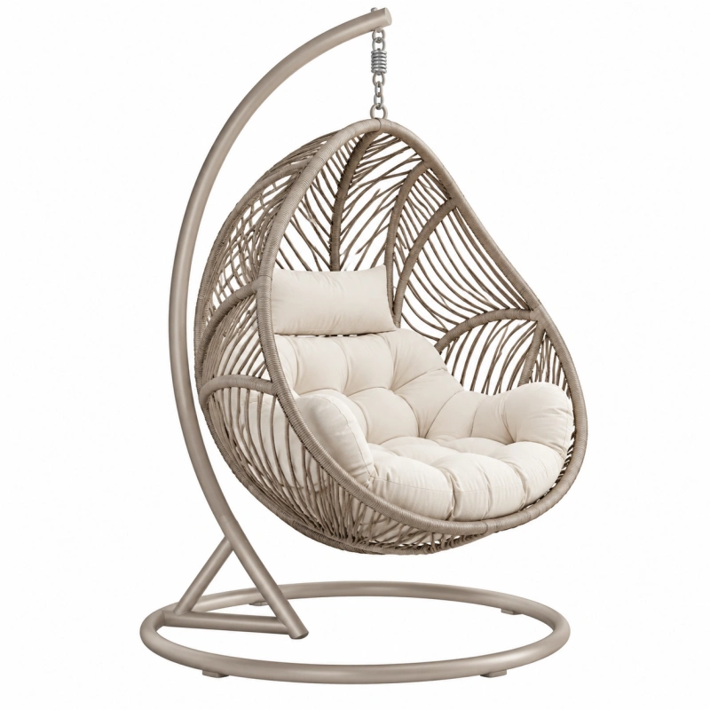 Poltrona sospesa 105 x 105 x 195 cm in rattan sintetico beige con supporto in metallo e seduta imbottita