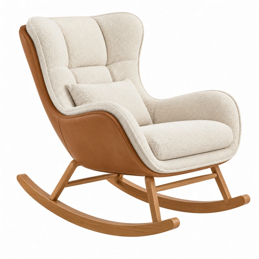Sedia a dondolo 105 x 75 x 100 cm in tessuto bouclé avorio e similpelle marrone con struttura in legno