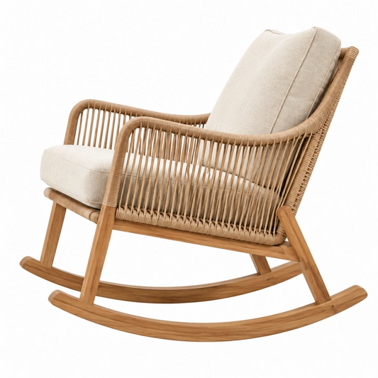 Sedia a dondolo 100 x 70 x 98 cm in legno e rattan naturale con seduta imbottita stile boho