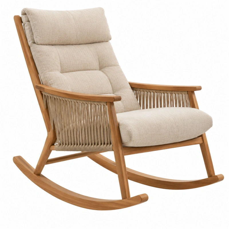 Sedia a dondolo 70 x 100 x 105 cm in legno beige con braccioli intrecciati per soggiorno